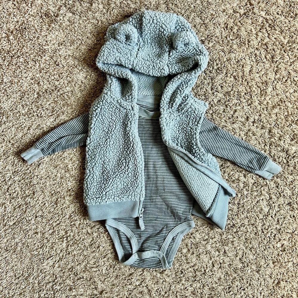 Carter's I Baby Bear Hoodie Vest‎ Bodysuit Set I Size 6M I Blue Gray Striped
